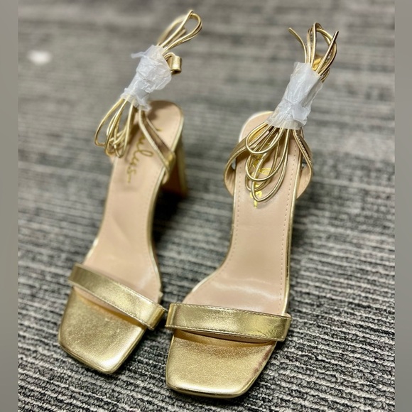 Troyes Gold Square Toe Lace-Up High Heel Sandals - Picture 7 of 8